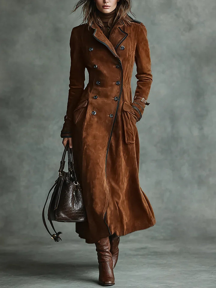 Women's Warm Suede Long Coat with Double-Breasted Closure