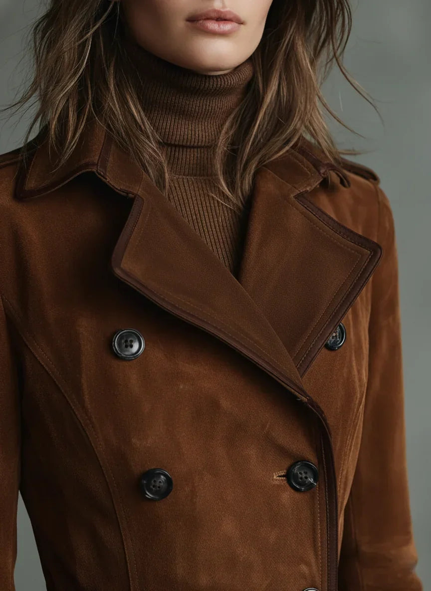 Women's Warm Suede Long Coat with Double-Breasted Closure