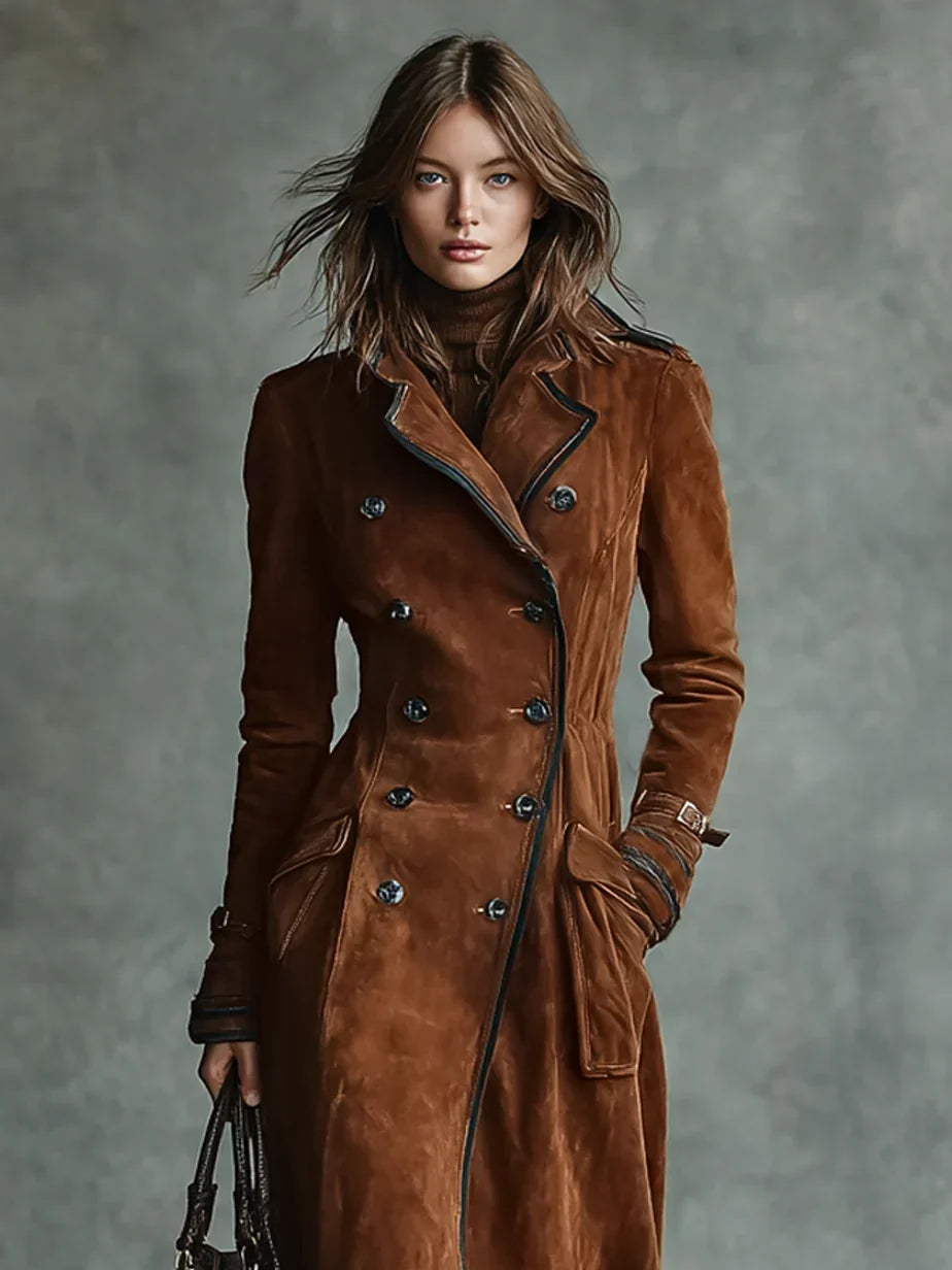 Women's Warm Suede Long Coat with Double-Breasted Closure