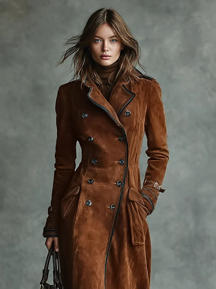 Women's Warm Suede Long Coat with Double-Breasted Closure