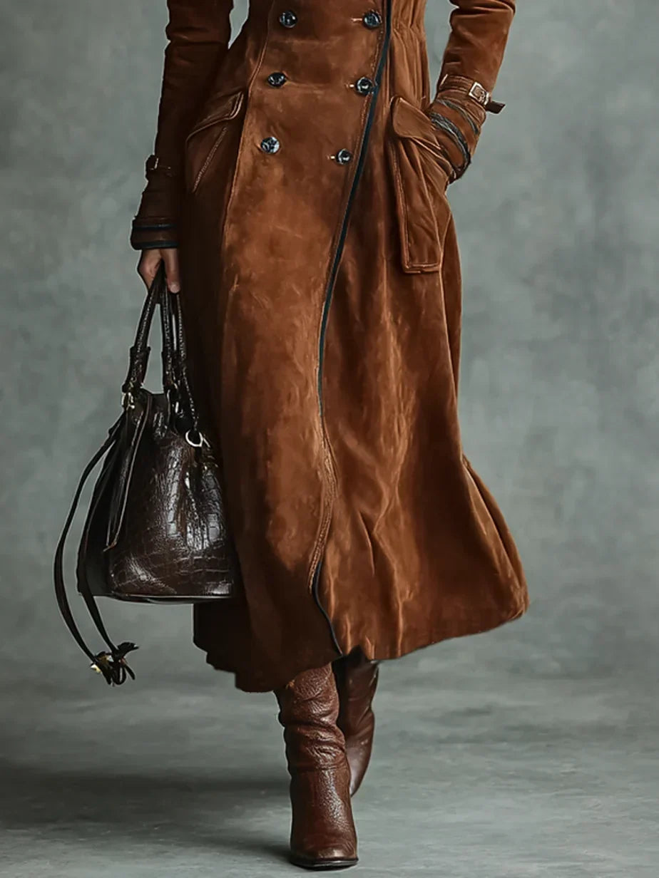 Women's Warm Suede Long Coat with Double-Breasted Closure