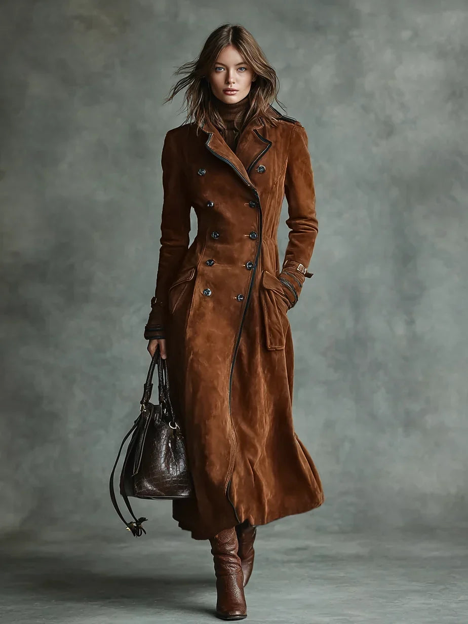Women's Warm Suede Long Coat with Double-Breasted Closure