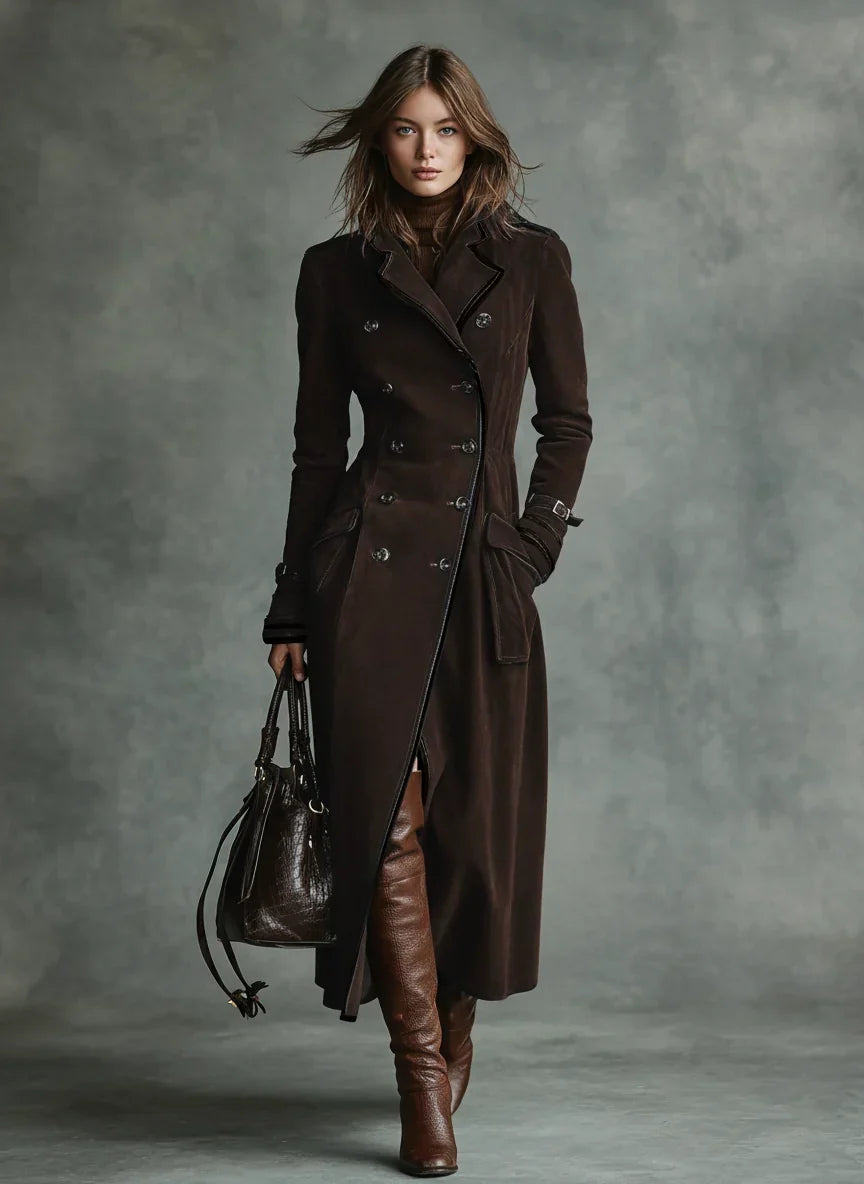 Women's Warm Suede Long Coat with Double-Breasted Closure