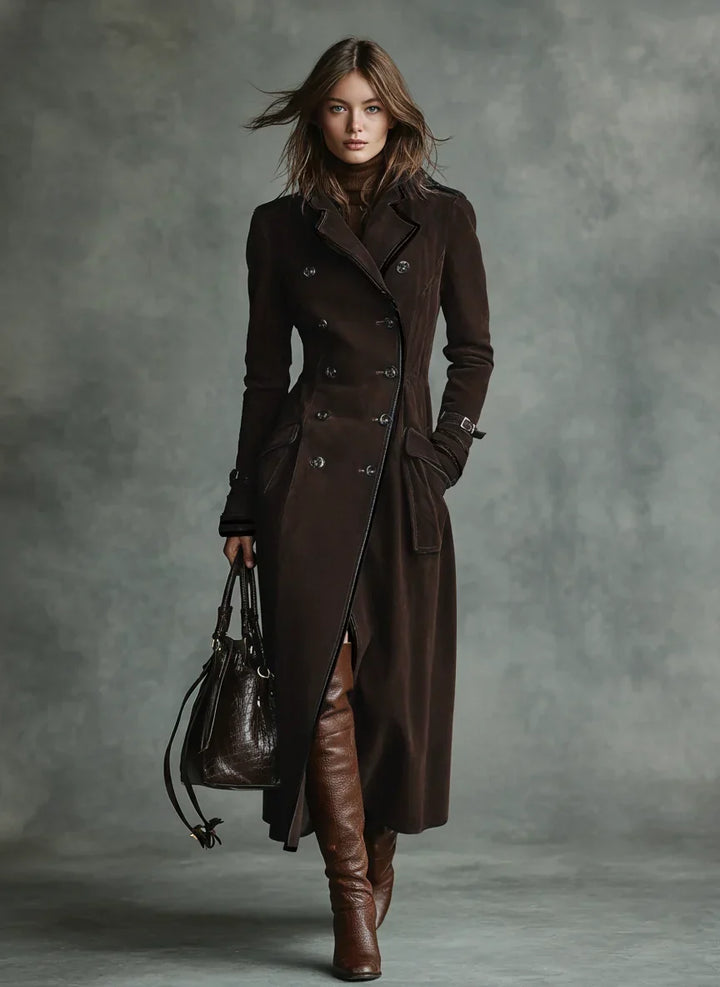 Women's Warm Suede Long Coat with Double-Breasted Closure