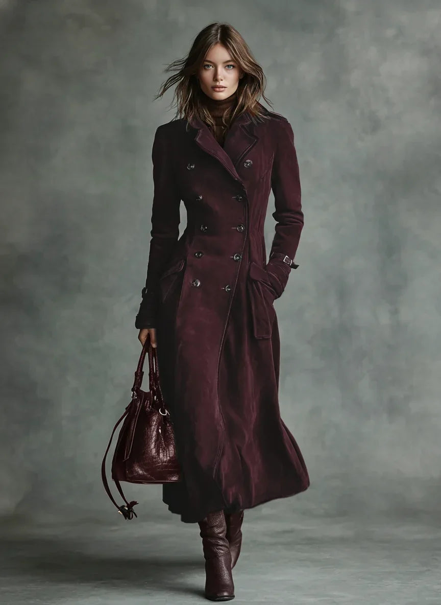 Women's Warm Suede Long Coat with Double-Breasted Closure
