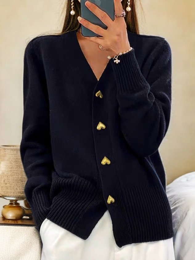 Women's Polished Ribbed Knit V Neck Cardigan with Buttons
