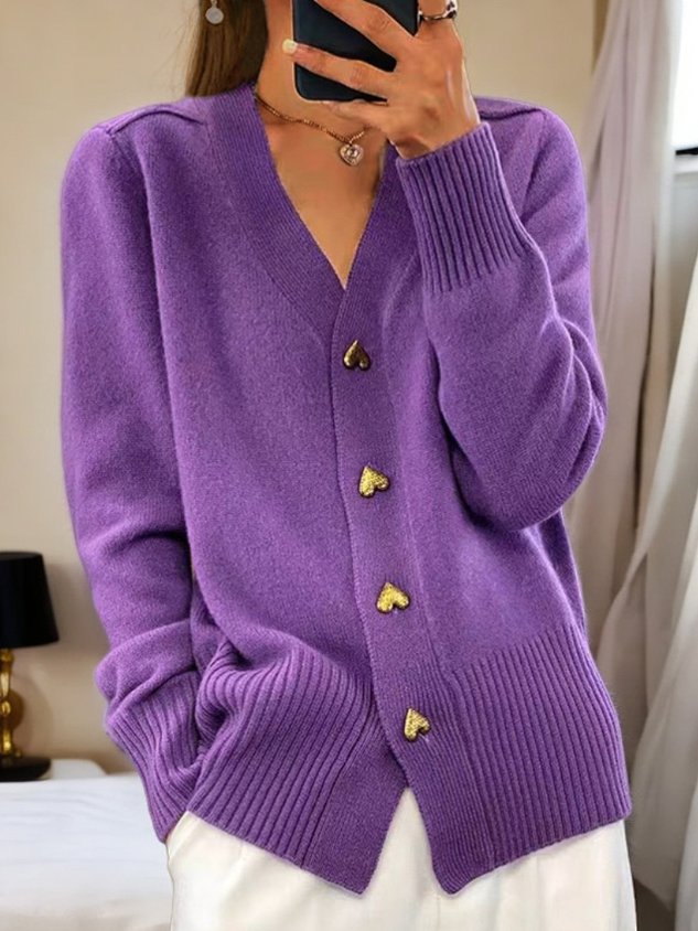 Women's Polished Ribbed Knit V Neck Cardigan with Buttons