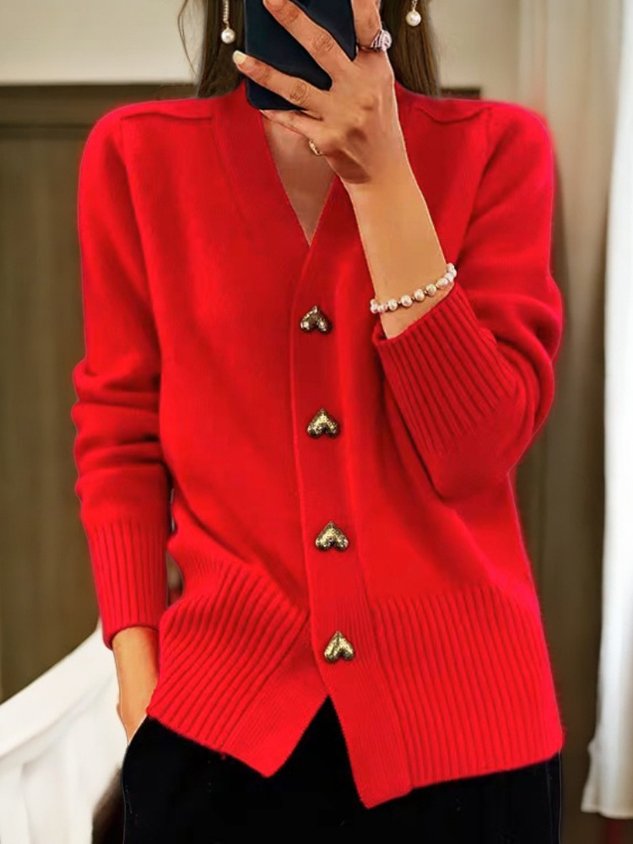 Women's Polished Ribbed Knit V Neck Cardigan with Buttons