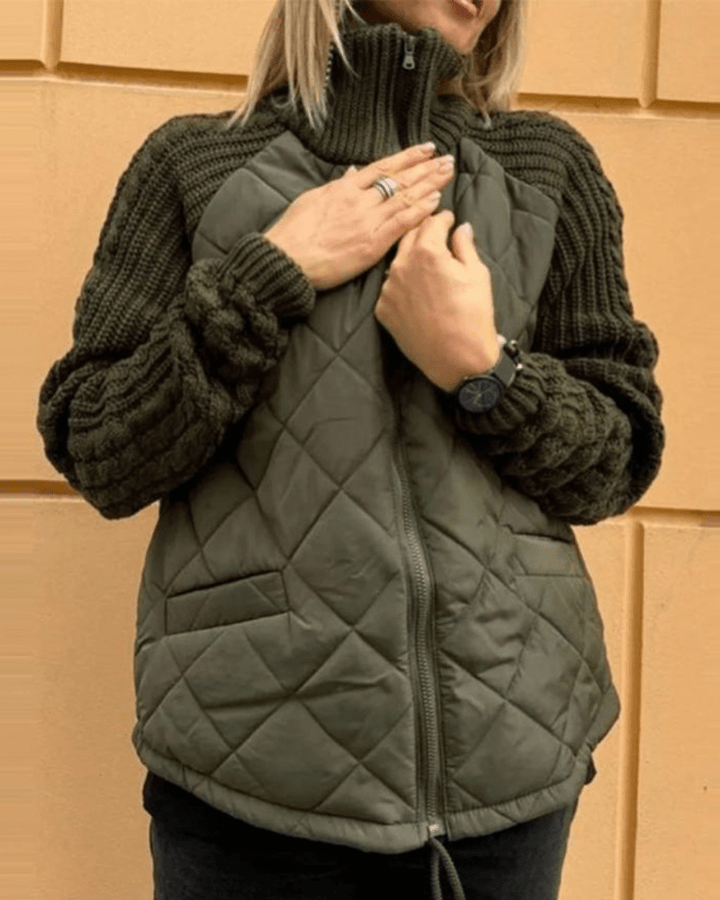 Women's Relaxed Quilted Puffer Jacket with Knit Sleeves