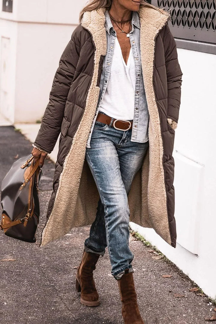 Women's Elegant Quilted Down Puffer Jacket with Hood and Sherpa Fleece Lining