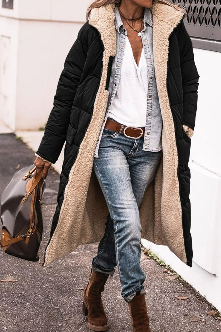 Women's Elegant Quilted Down Puffer Jacket with Hood and Sherpa Fleece Lining
