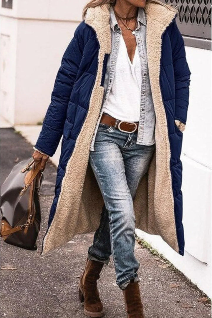 Women's Elegant Quilted Down Puffer Jacket with Hood and Sherpa Fleece Lining