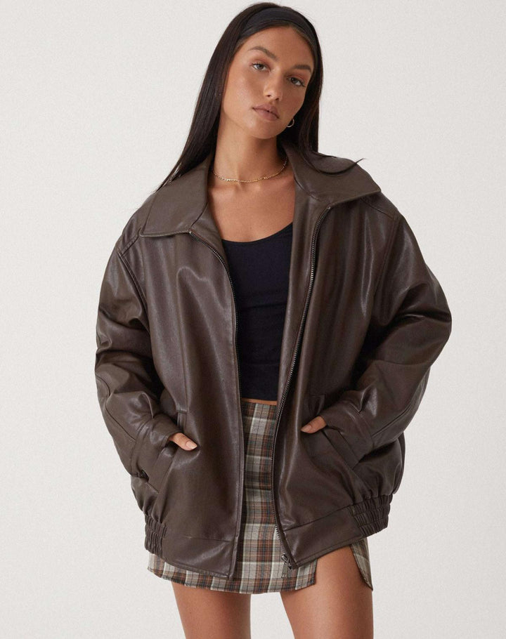 Women's Relaxed Oversized Brown Leather Bomber Jacket
