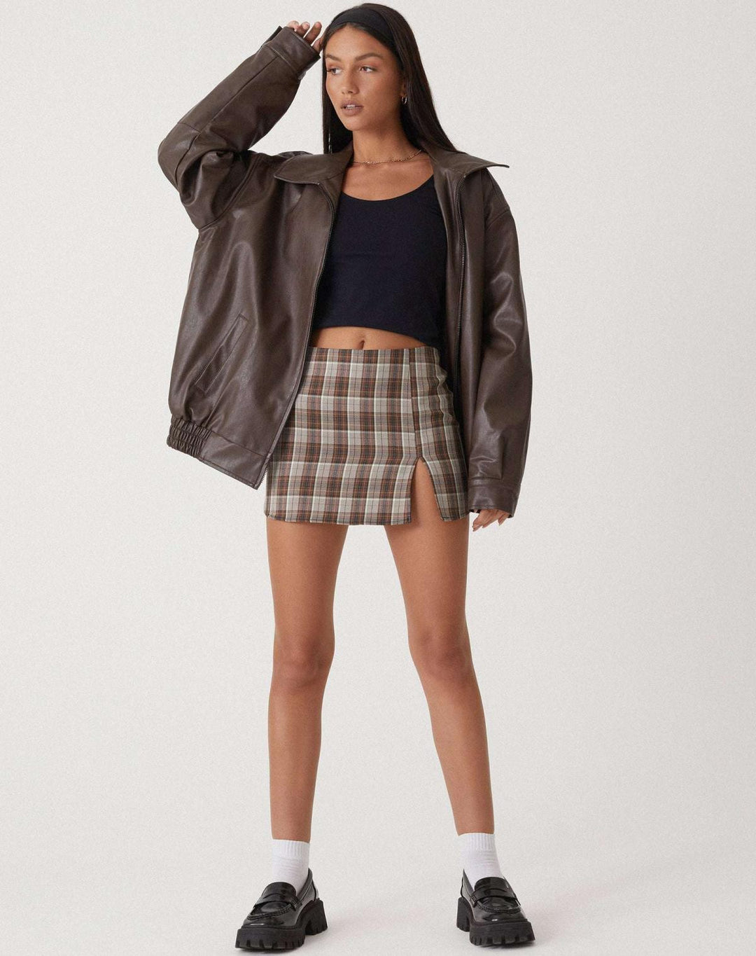 Women's Relaxed Oversized Brown Leather Bomber Jacket