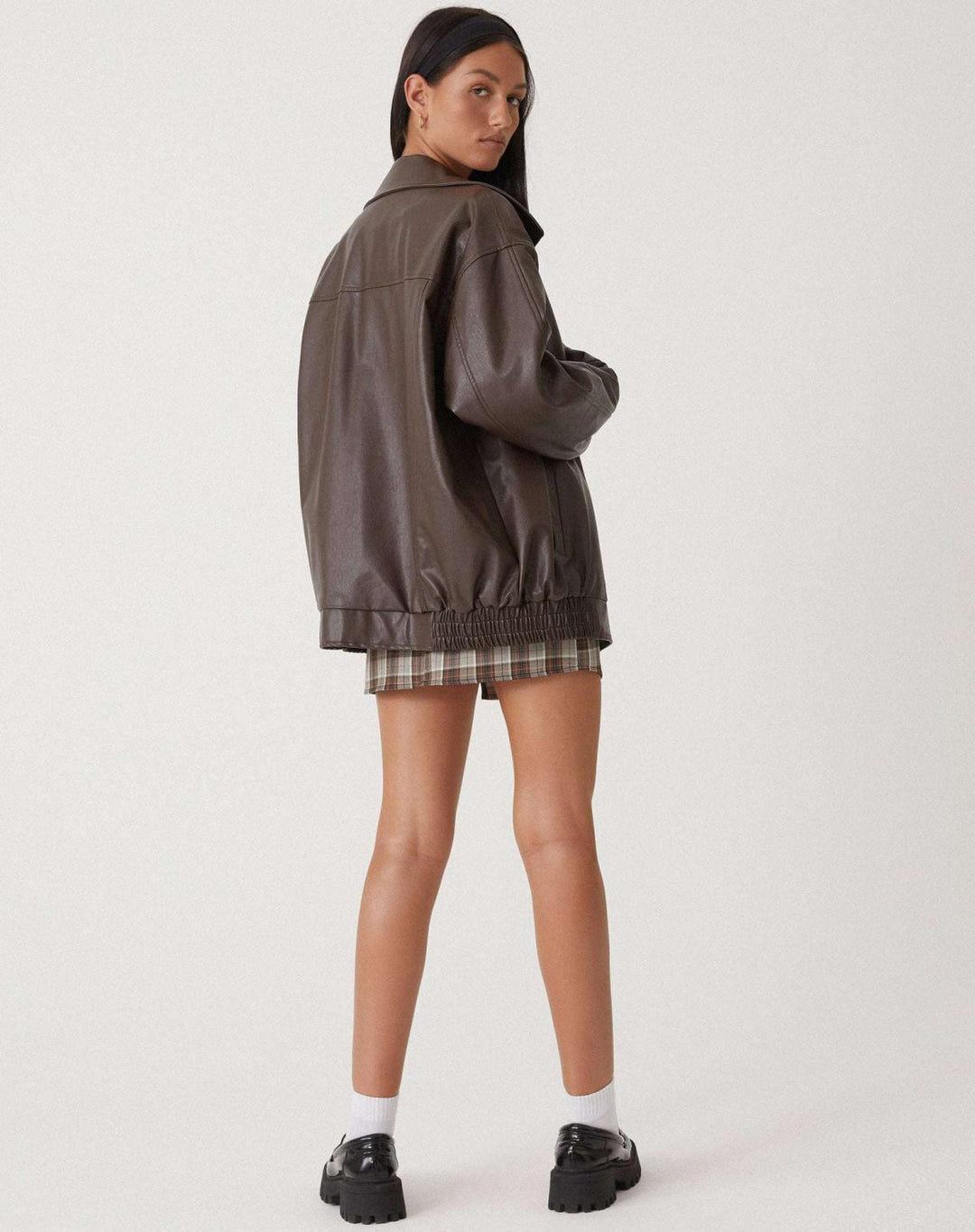 Women's Relaxed Oversized Brown Leather Bomber Jacket